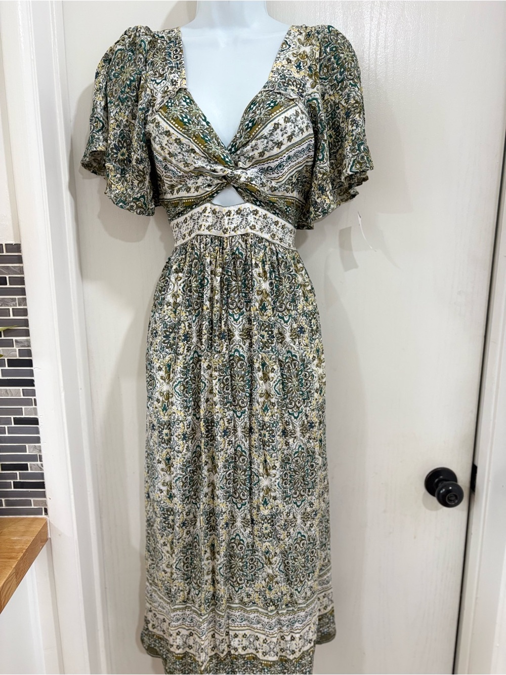 Angie Green and Cream Midi Dress with Twist Front